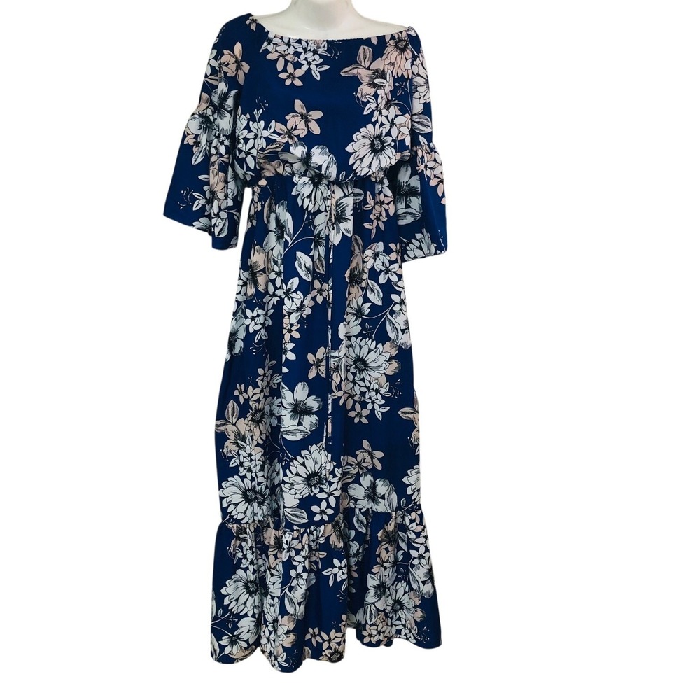 Eliza J Blue Floral Off Shoulder Maxi Dress Bell Slv Tier Fairy Phoebe Womens 6P